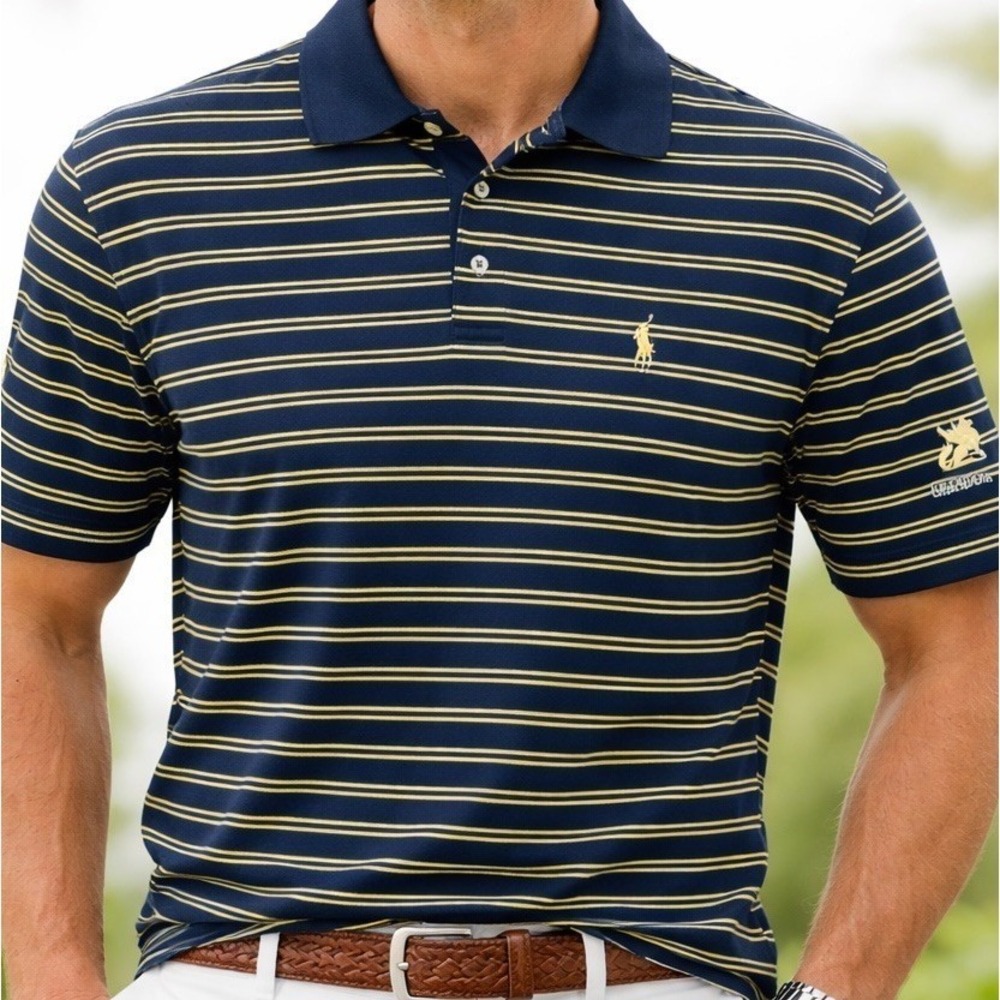 Polo Ralph Lauren Performance Polo Shirt Mens XL Navy Yellow Stripe Golf